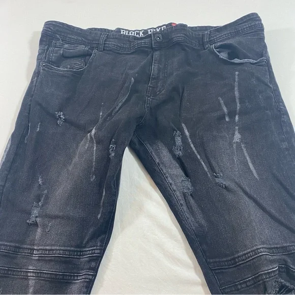 Black Pike Distressed Jeans Men 40 Black Stretch Spandex Cotton Bikers Jeans